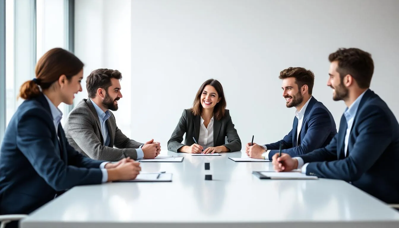 Startup founders around a bright planning table